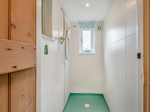 a small bathroom with a shower with a green floor at Hare Cottage in North Tuddenham
