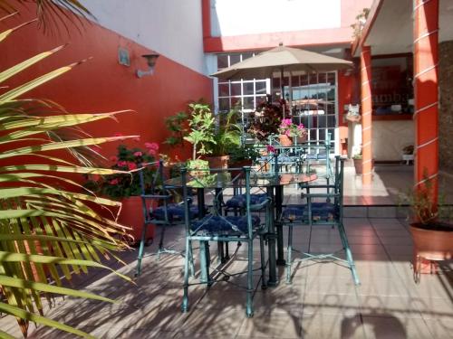 a patio with tables and chairs with potted plants at Hotel Camba in Oaxaca City