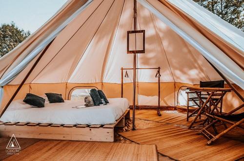 a tent with a bed and a desk in it at Lodg'ing Nature Camp Dordogne in Lacave