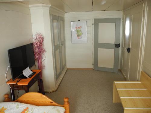 a room with a bed and a tv and a door at Landgasthaus Bären in Grub