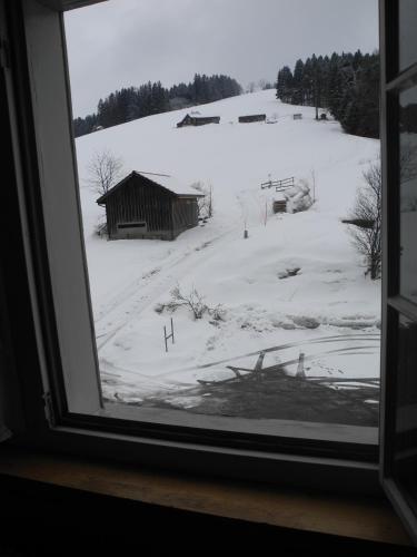 a window view of a snow covered field with a barn at Landgasthaus Bären in Grub