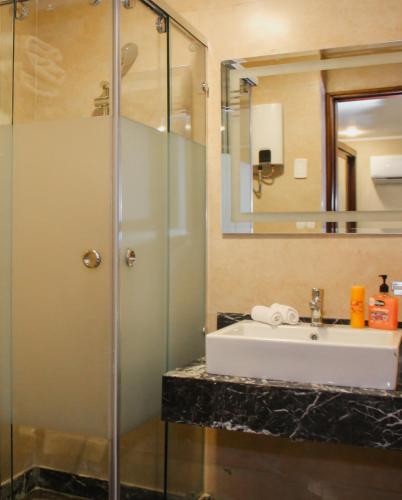 a bathroom with a sink and a glass shower at Asia Grand Museum & Pyramids view in Cairo