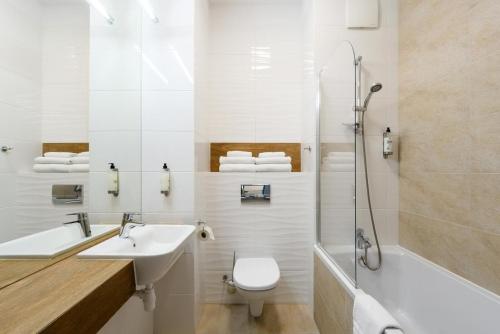 ポズナンにあるApartment & Rooms at Wierzbiecice streetのバスルーム(洗面台、トイレ、シャワー付)