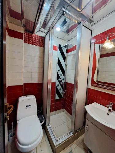 a bathroom with a toilet and a shower and a sink at Comfortable apartment in Yerevan