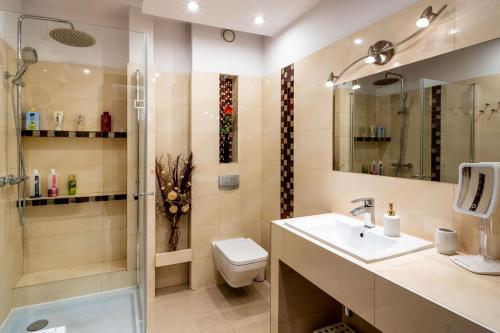 a bathroom with a toilet and a sink and a shower at Torre Verona Apartment - 70m2, Terrace in Kraków