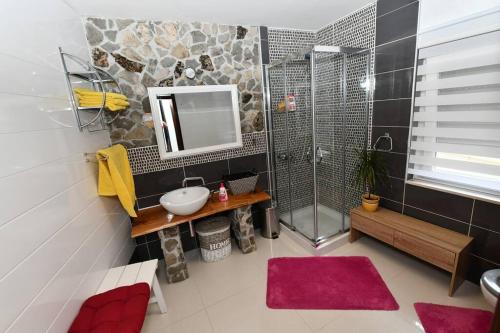 W łazience znajduje się umywalka, lustro i prysznic. w obiekcie Vila NANA w mieście Sinj