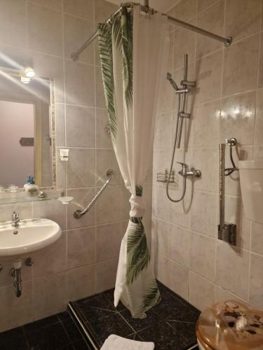 a bathroom with a shower with a sink and a shower curtain at Hotel Bavaria in Inzell