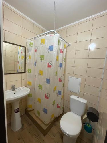 a bathroom with a toilet and a shower curtain at Shaarei Zion in Umanʼ