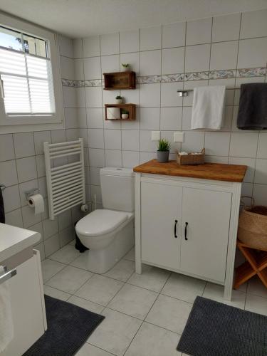 a white bathroom with a toilet and a sink at Filipponi's Träumli in Rüthi