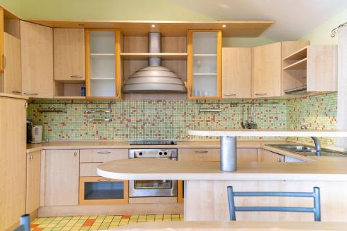 a kitchen with wooden cabinets and a counter top at Apartments Stare Brajde in Lopar