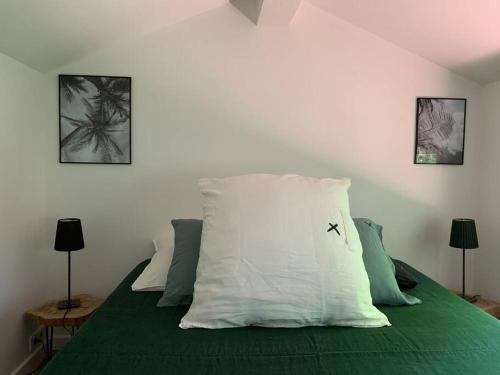 a bed with a green blanket and a pillow on it at CABANON in Carqueiranne