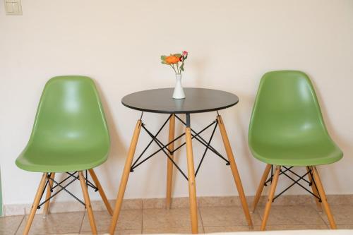 two green chairs and a table with a vase of flowers at Minas Apartments in Divarata