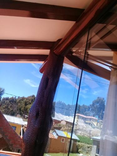 a view of a window with a tree at Quilla Wasi - ISLA DEL SOL in Comunidad Yumani