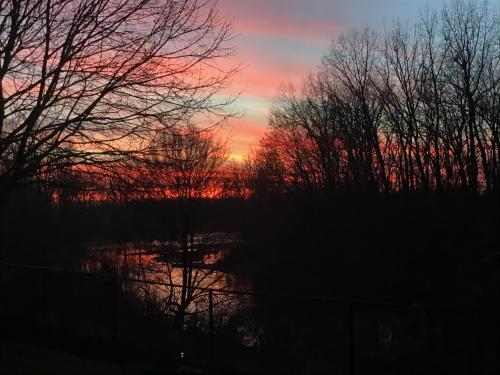a sunset over a body of water with trees at Cozy Luxury on the Thames in Ontario! in London