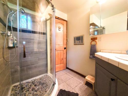 a bathroom with a shower and a sink at Julian House of Games in Julian