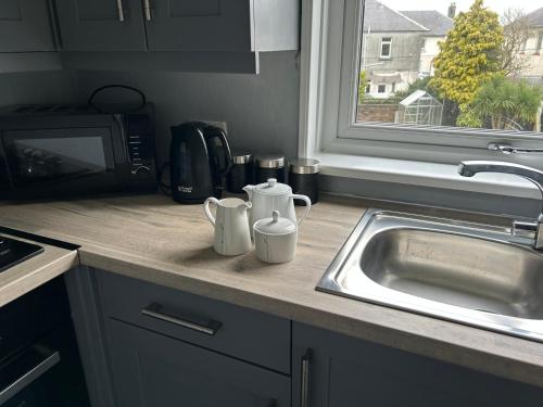 a kitchen counter with two mugs and a sink at Mustard Seed 43 Seamore Street 1/L Largs in Largs