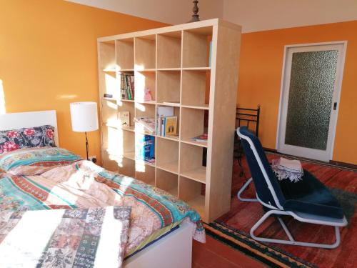 a bedroom with a bed and a book shelf and a chair at Gästewohnung Schwanenteich in Ueckermünde