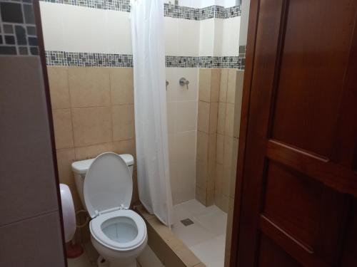 La salle de bains est pourvue d'une douche et de toilettes. dans l'établissement Hostel Kimmell / Hostal Familiar La Casita De Los Kimmell, à Las Tablas