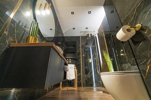 a bathroom with a toilet and a plant at Apartament Blue Diamond in Karpacz