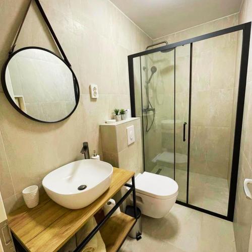 a bathroom with a sink and a toilet and a mirror at Apartment Jukic in Sveti Filip i Jakov