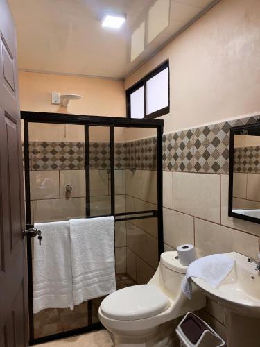 a bathroom with a toilet and a sink at Hospedaje La Naciente in Turrialba