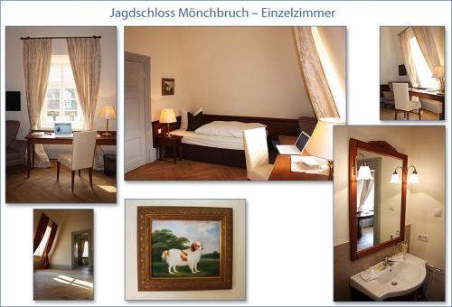 a collage of pictures of a bedroom with a dog at Jagdschloss Mönchbruch in Mörfelden-Walldorf