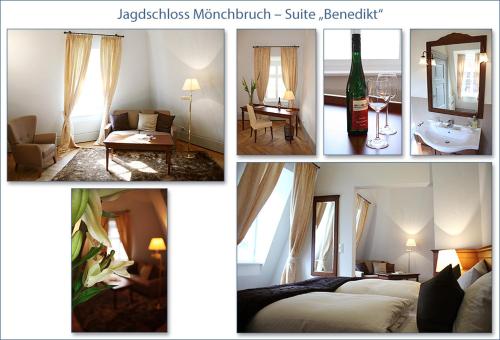 a collage of photos of a hotel room with a bedroom at Jagdschloss Mönchbruch in Mörfelden-Walldorf