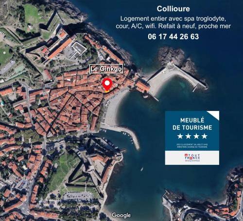 a map of a city with a red circle at The Ginkgo Collioure : Amazing Private Jacuzzi built in Rock, 20m from the Beach, A/C, WiFi, Patio... in Collioure
