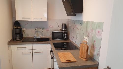 a small kitchen with a sink and a microwave at Ferienwohnungen an der Schloßruine in Herbsleben