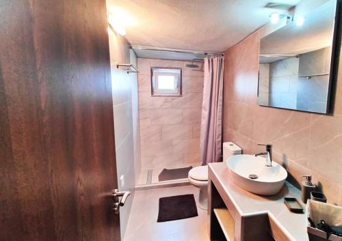 een badkamer met een wastafel, een toilet en een douche bij Home Of Irini in Komniná