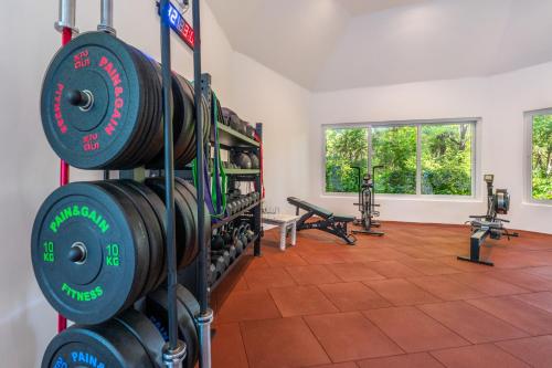 a gym with dumbbells and weights in a room at Chale Island Resort in Chale Island