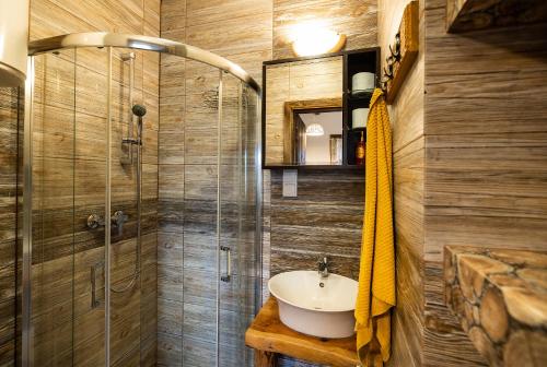 a bathroom with a sink and a shower at Domki Osada Werdołyna in Polańczyk