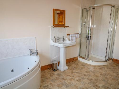 a bathroom with a sink and a shower at Willow Tree Farm House in Newry