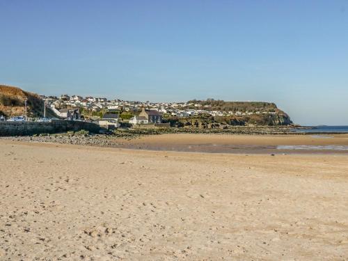 a sandy beach with a town in the background at Willow Tree Farm House in Newry
