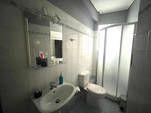 een badkamer met een wit toilet en een wastafel bij Chrystall's Athens Home in Athene