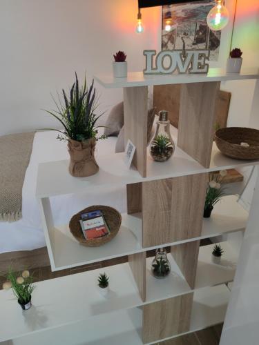 a shelf with potted plants and a sign that reads love at Vivienda Turística Playa El Portil in El Portil