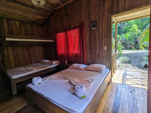 2 Betten in einem Holzzimmer mit Fenster in der Unterkunft Citronela Lodge Corcovado in Drake