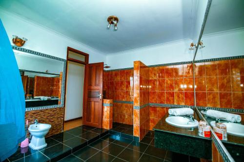 un bagno con lavandino, WC e specchio di Dafina Residence a Dar es Salaam