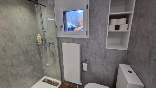 ein Bad mit einer Dusche, einem WC und einem Waschbecken in der Unterkunft Studio direkt an der Langlaufloipe in Oberwald