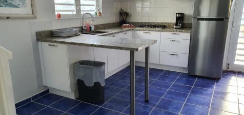 a kitchen with a counter and a refrigerator at Marazul Dive Resort. 3 Bedroom Seafront House. Dive, Snorkel, enjoy amazing sunsets in Westpunt