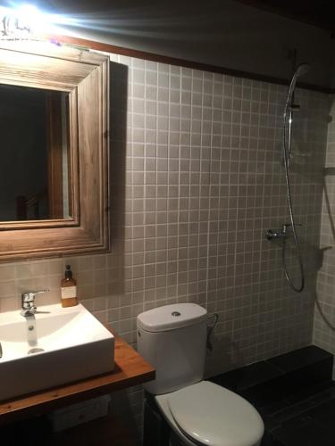 a bathroom with a toilet and a sink and a shower at Casa en Estavar Residential con jardín y piscina in Estavar