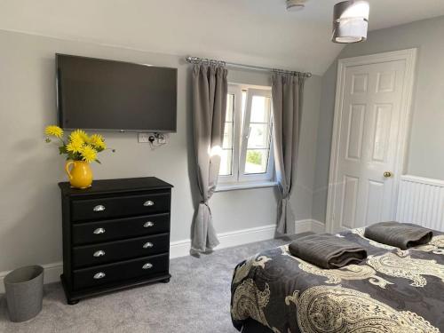 Schlafzimmer mit einem Bett und einer Kommode mit einem TV in der Unterkunft The Terrace - Annexe with views in Bathford