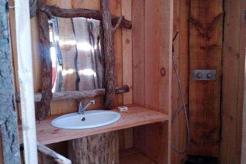 a bathroom with a sink and a mirror at Cabane aux papillons in Saint-Éloy-les-Tuileries