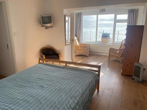 a bedroom with a bed and a tv and a window at ONeills Apartments in Ballyheigue