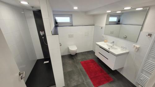une salle de bain blanche avec un lavabo et des toilettes dans l'établissement Komfortable & moderne Ferienwohnung in Markdorf - Familie Hildebrand, à Markdorf