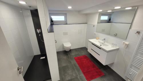 Baño blanco con lavabo y aseo en Komfortable & moderne Ferienwohnung in Markdorf - Familie Hildebrand, en Markdorf