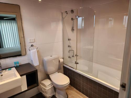 a bathroom with a toilet and a shower and a sink at Serenity Diamond Beach in Diamond Beach