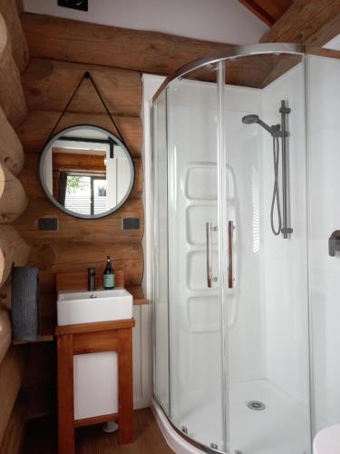 a bathroom with a shower and a sink at The Cabin in Twizel