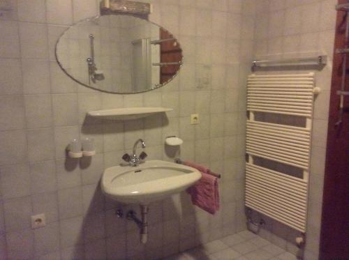 a bathroom with a sink and a mirror at Ferienwohnung Blumen Penz in Zell am Ziller