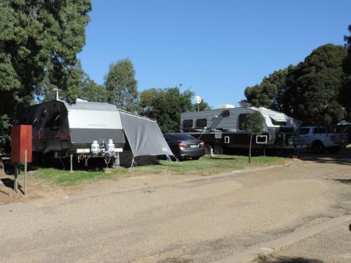 two tents and a car parked next to a road at Horseshoe Tourist Park in Wagga Wagga